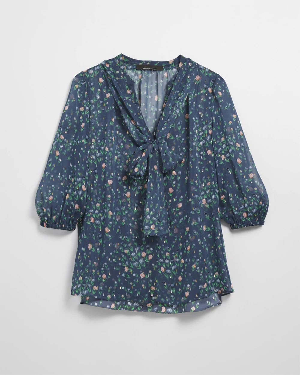 Petite Elbow Sleeve Tie Neck Blouse | White House Black Market